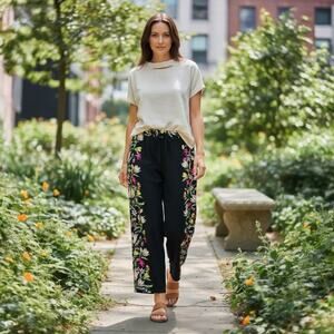 Tahari Floral Wide Leg Rayon Pants - Black Multicolor XL